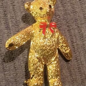 Source Unknown Gold Teddy Bear Brooch with Red Bow